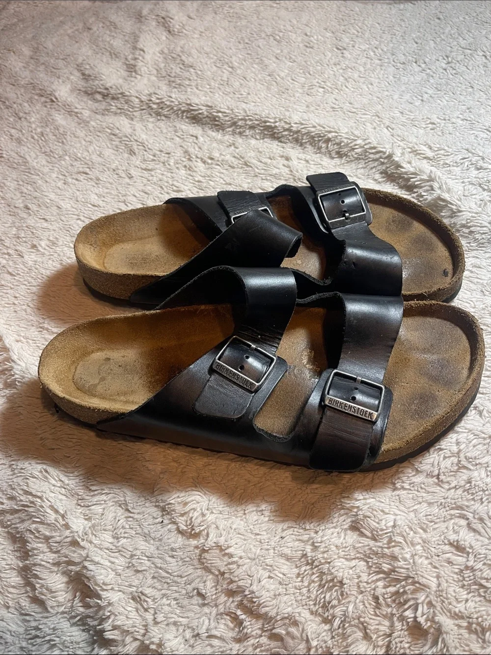 Birkenstock Black Leather Two-Strap mens  Slide Sandals size 45